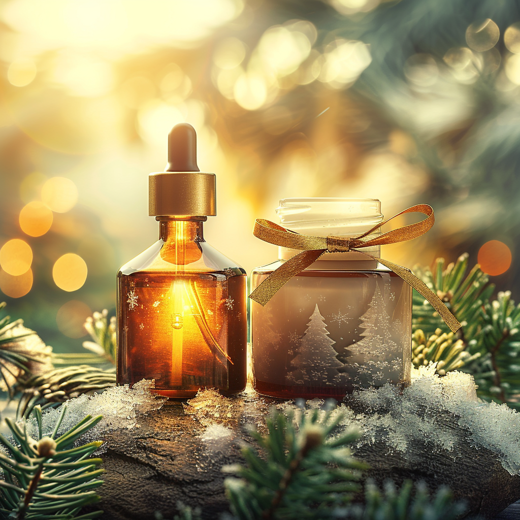 Luxury body oil and lotion on a frosted stone. An amber bottle glows with golden light alongside a velvety cream jar. Decorated with a golden ribbon and pine, evoking a warm winter gift atmosphere.