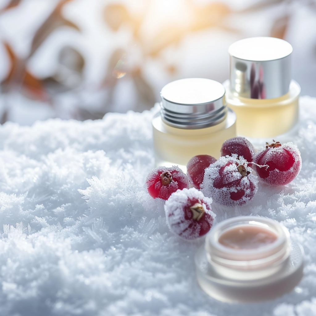 Minimalist lip care set on white snow with red winter berries, featuring a moist texture in soft sunlight.