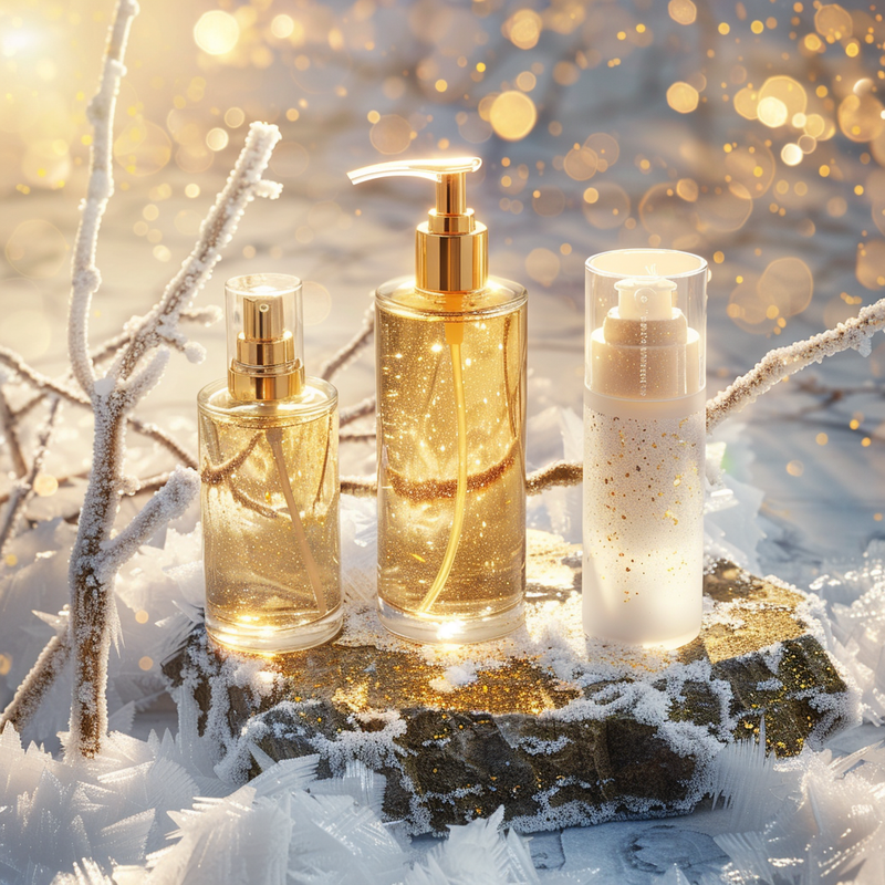 Premium cleanser trio on frosted stone. Products glow with intense golden radiance like molten gold. A luxurious, ethereal winter spa scene with ice crystals and sparkling bokeh lights.