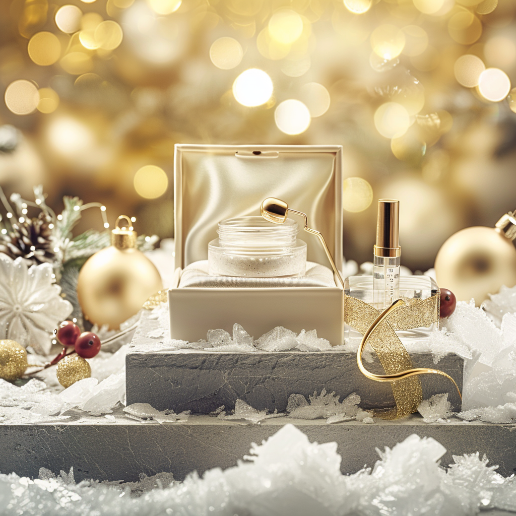 Luxury eye care set on frosted stone. Includes a cream jar and serum roller in a gift box with golden accents and festive bokeh lights.