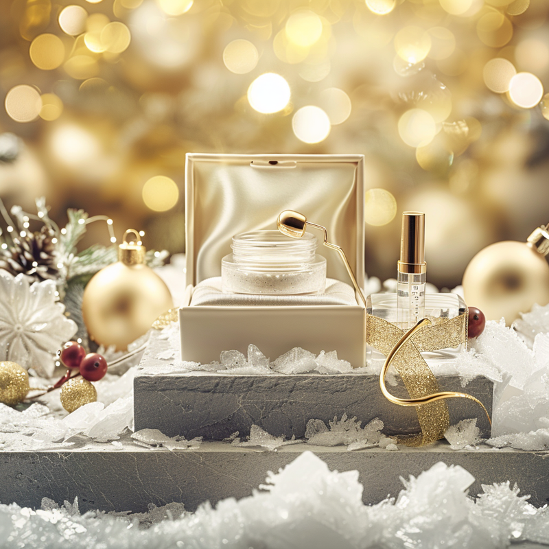 Luxury eye care set on frosted stone. Includes a cream jar and serum roller in a gift box with golden accents and festive bokeh lights.