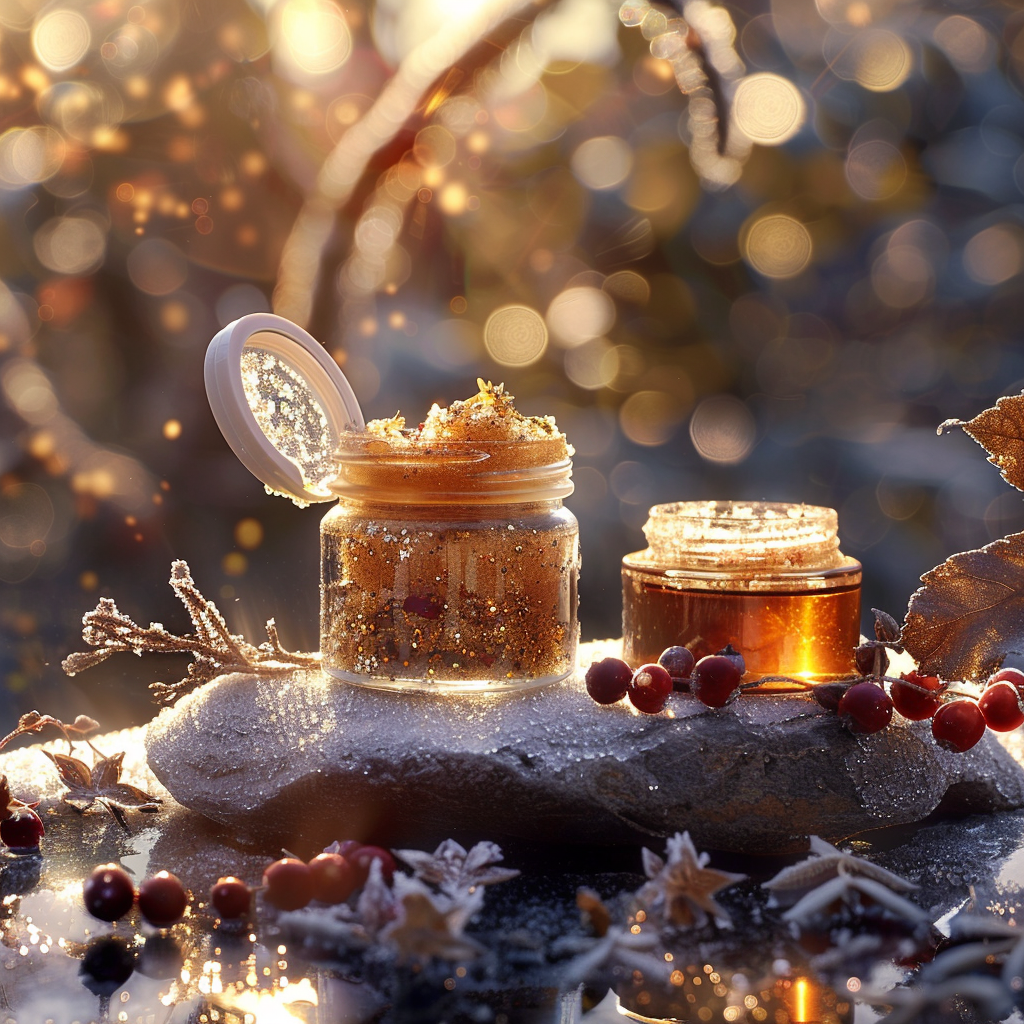 Premium body treatment duo on frosted stone. An open jar displays a rich, granular golden sugar scrub with shimmering flakes, beside a balm jar. Accented with frosted red winter berries for a restorative, luxurious spa feel.