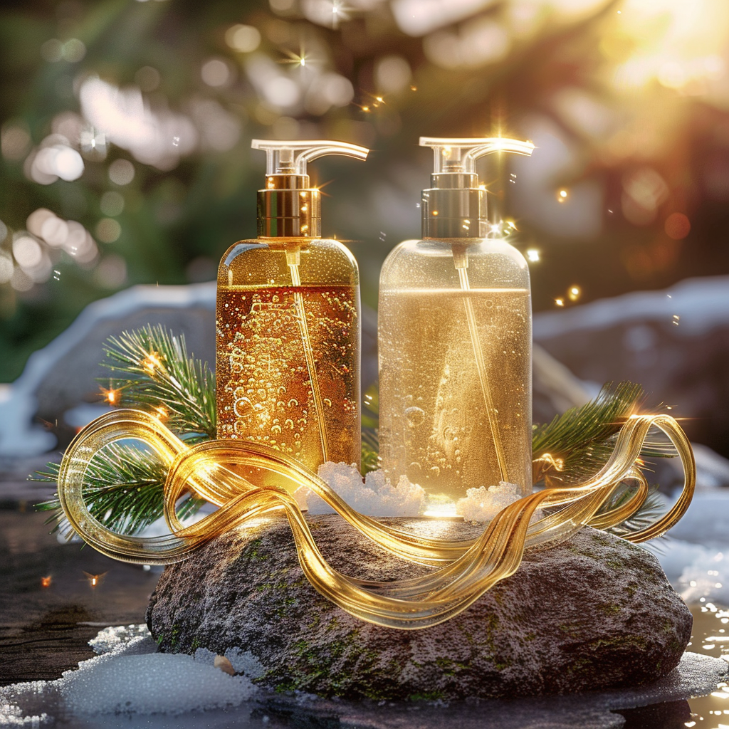 Premium shampoo and conditioner pump bottles on frosted stone. Translucent golden liquid with bubbles glows in winter sunlight. Accented with golden silk ribbons and green pine for a luxurious hair care scene."
