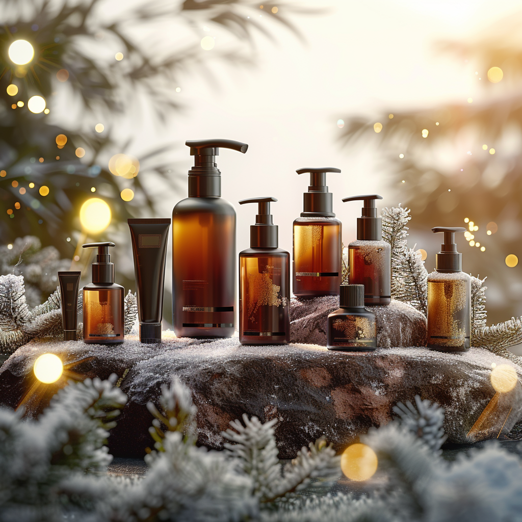 A collection of 6 premium body and hair care products on a frosted stone. Large pump bottles and glass jars glow with brilliant golden winter sunrise light, surrounded by frost-covered pine and sparkling bokeh.