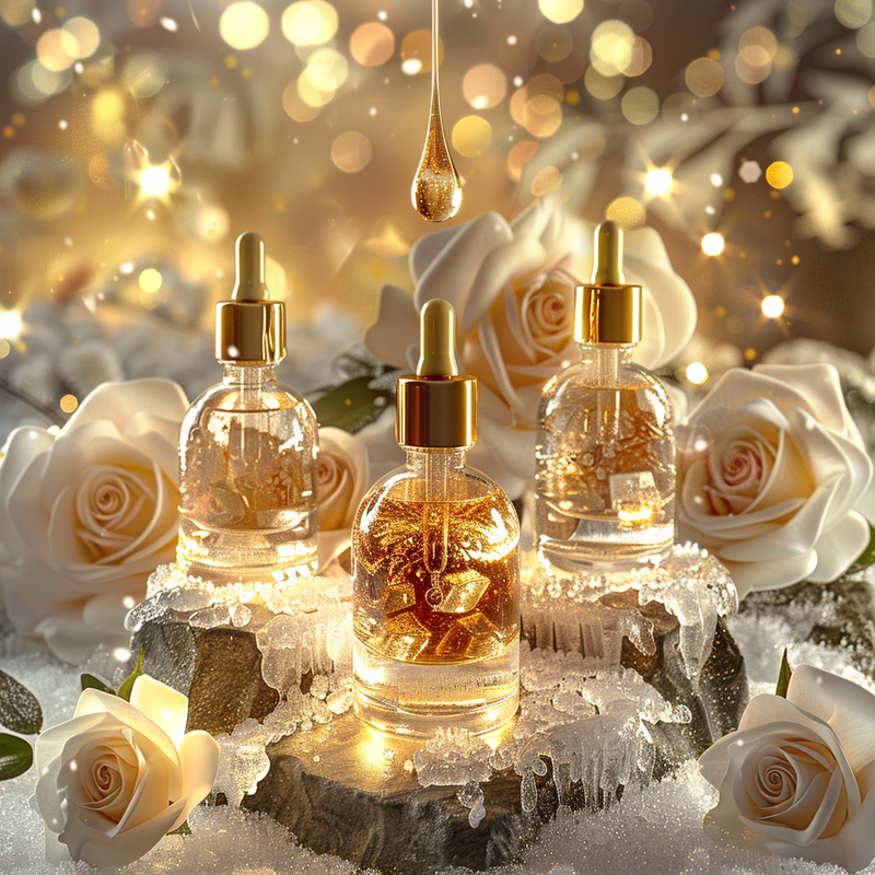 Luxury serum bottles on frosted stone. A golden drop of radiant essence hangs from a dropper like a liquid diamond. Shimmering amber-gold liquids with frozen white roses and golden bokeh.