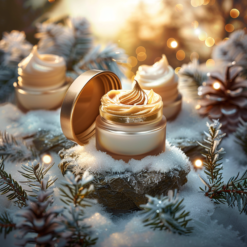 Luxury face cream jars on frosted stone. An open jar shows a rich, creamy texture with golden pearlescent swirls. Surrounded by frosted pine and sparkling golden bokeh in a warm winter sunrise.
