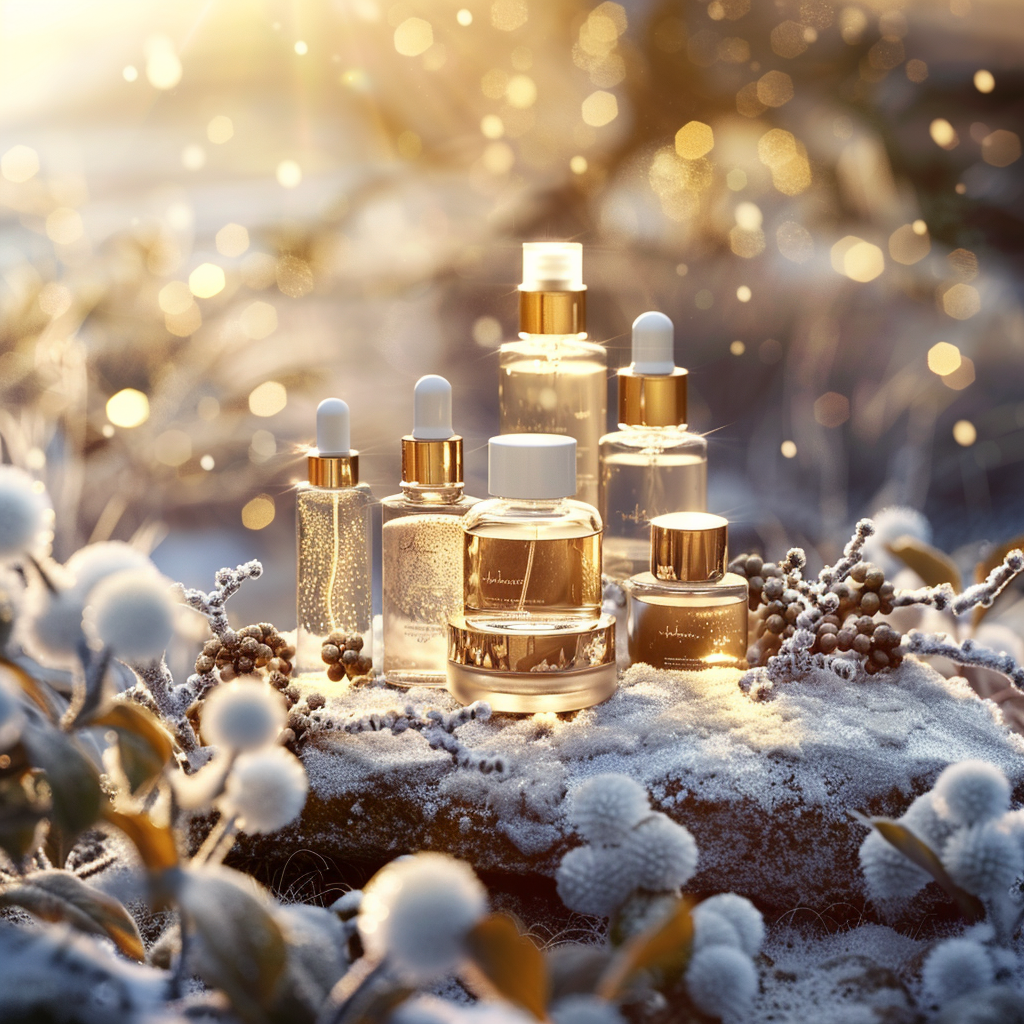A collection of premium skincare glass bottles on a frosted stone, surrounded by a mysterious golden glow and sparkling bokeh, contrasting with winter frost to evoke elegant and pure natural light.