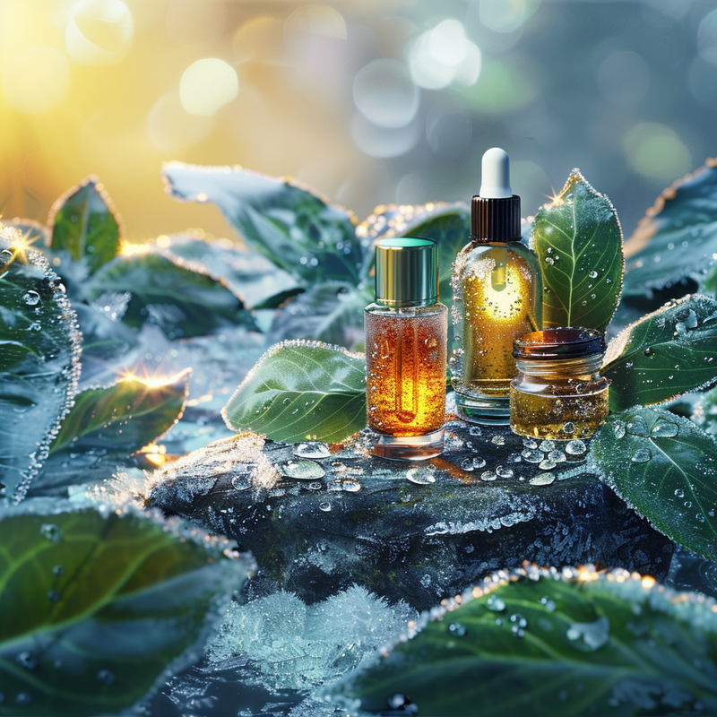 Premium treatment products on frosted stone. Surrounded by green winter leaves with glowing golden dew drops like liquid gold. A mystical and concentrated botanical aura in a radiant sunrise, high-end spa style.