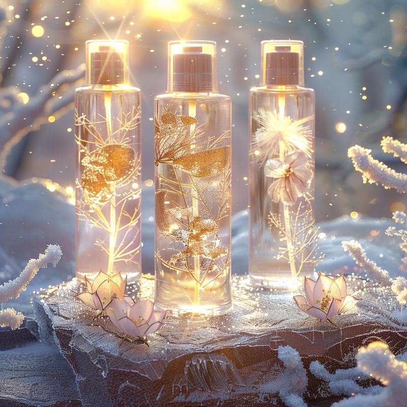 Premium glass toner bottles on a frosted stone base. Liquids glow with internal golden radiance, containing gold flakes or frosted petals. A luxurious and mystical winter hydration scene with a radiant glow.