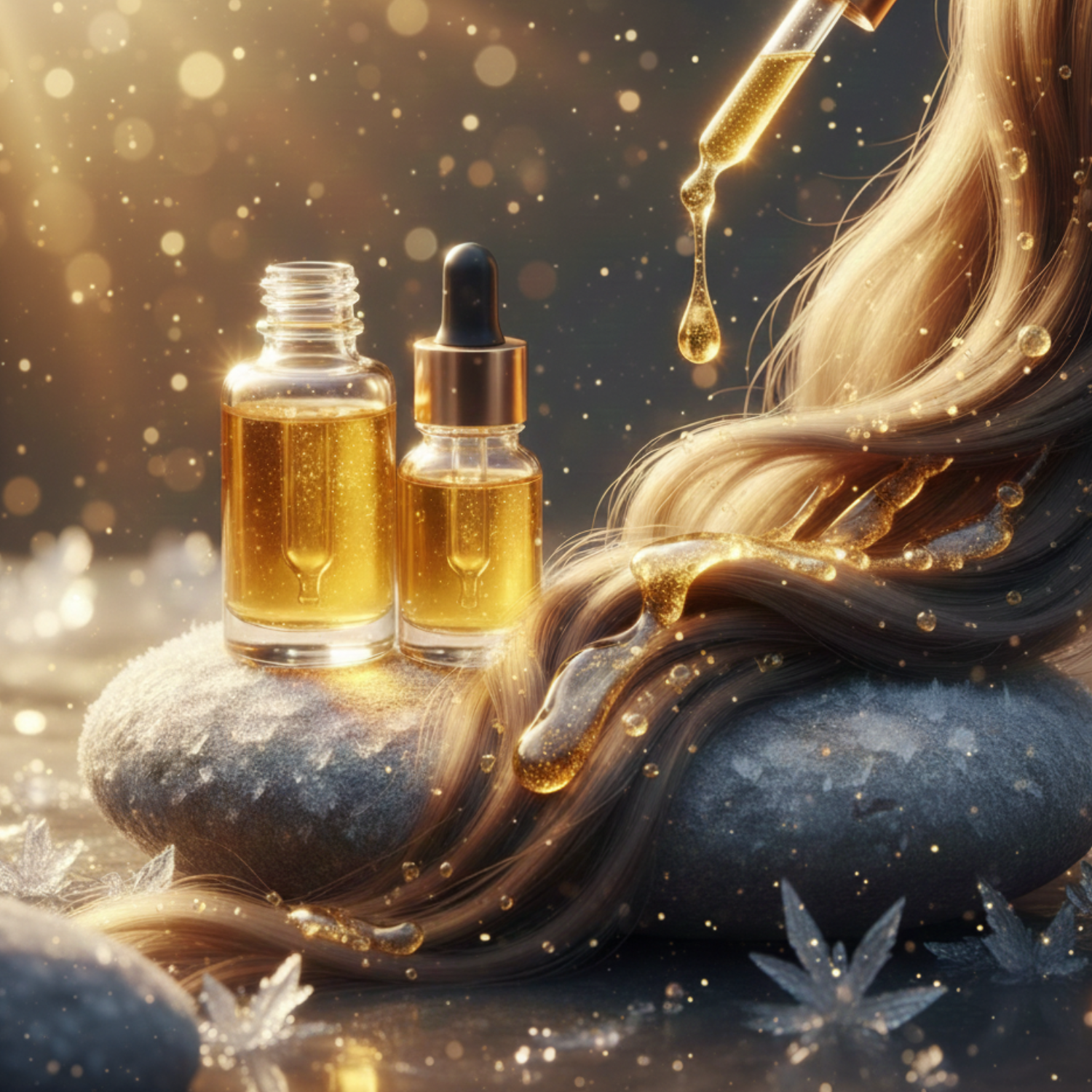 Premium hair essence bottles on frosted stone. Glowing golden oil drops from a dropper onto flowing, silky hair strands. A luxurious salon-style scene with sparkling gold bokeh and a warm winter sunrise.