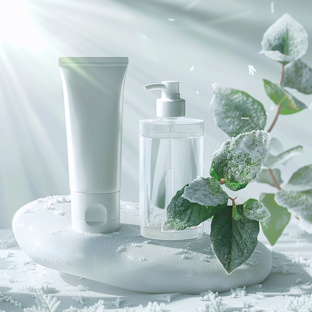 Minimalist premium sun protection products on frosted stone. Crisp white winter morning sunlight with subtle golden highlights, accented by a fresh green frosted eucalyptus sprig for a clean, high-end spa aesthetic.