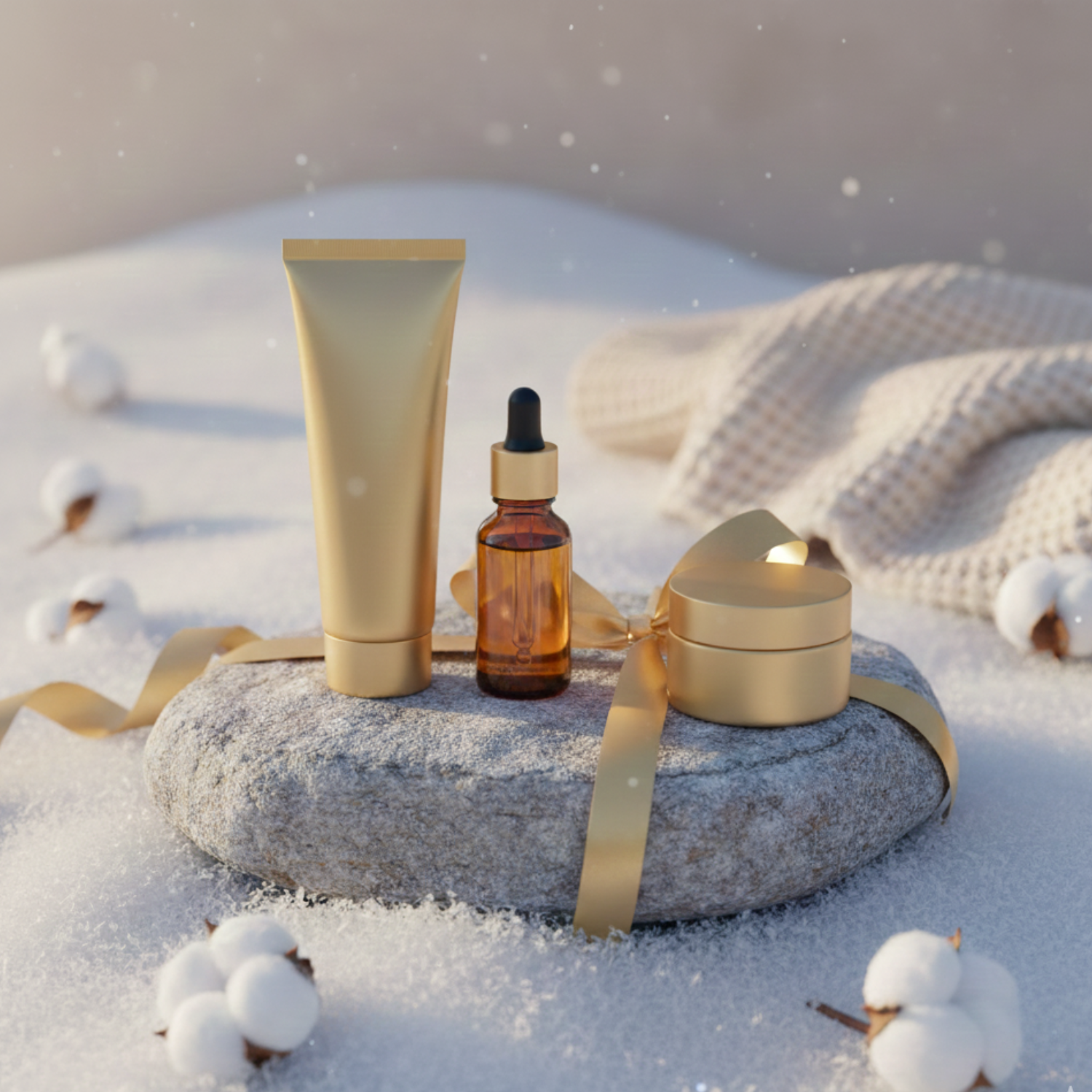 Premium hand and foot care set on a frosted stone in a snowy landscape. Golden tubes and glass jars with a gold ribbon, surrounded by soft cotton bolls and a cozy knit blanket in warm winter sunlight.