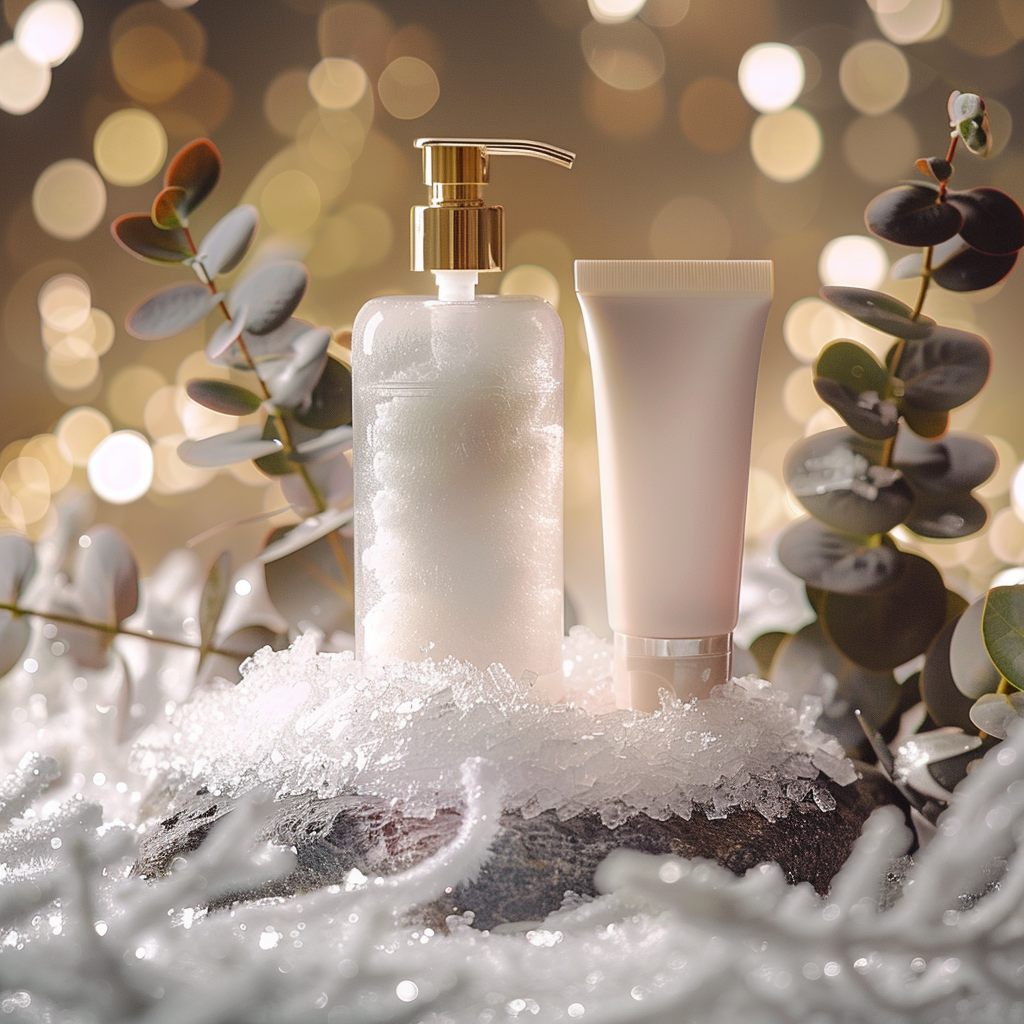Premium body cleanser duo (large pump bottle, tube) on a frosted stone. Rich white cleansing foam surrounds the base, sparkling with warm golden winter light. Frosted eucalyptus accents create a luxurious, refreshing spa atmosphere.