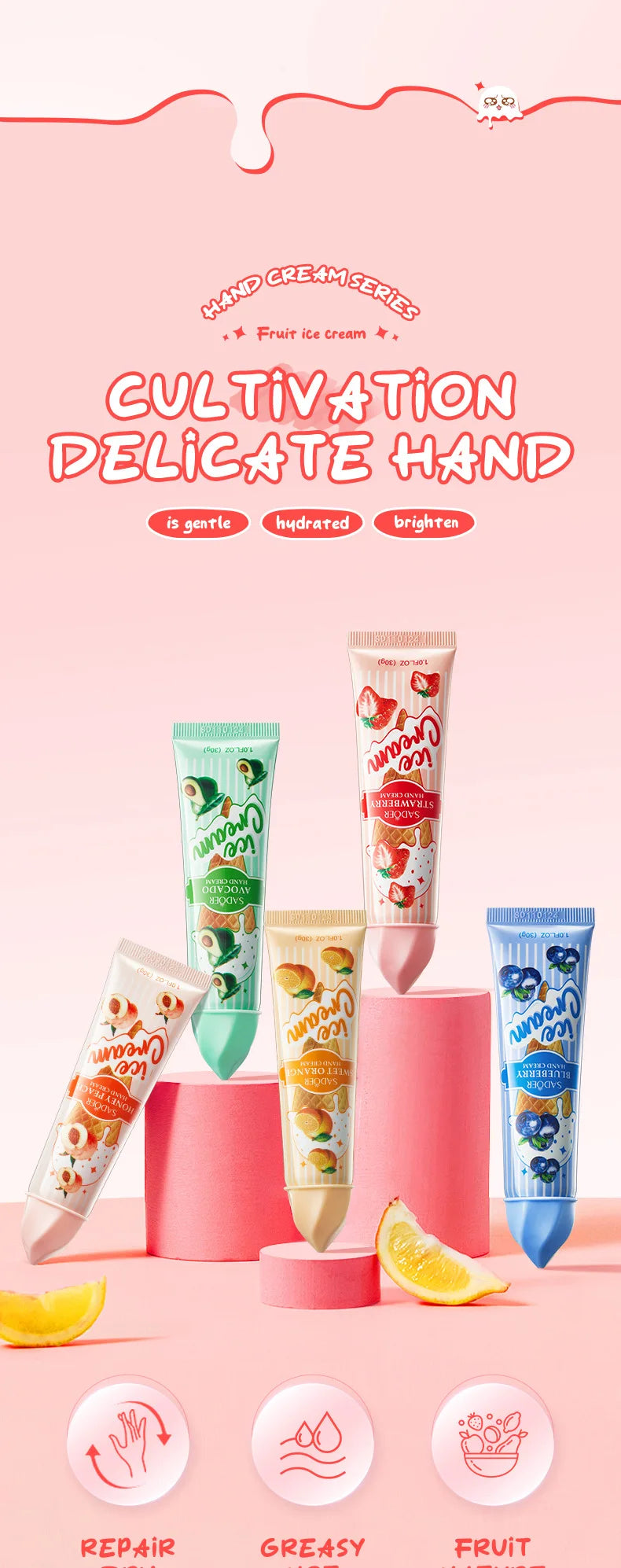 Fruit Ice Cream Hand Cream Set - Moisturizing & Nourishing (5-Pack)