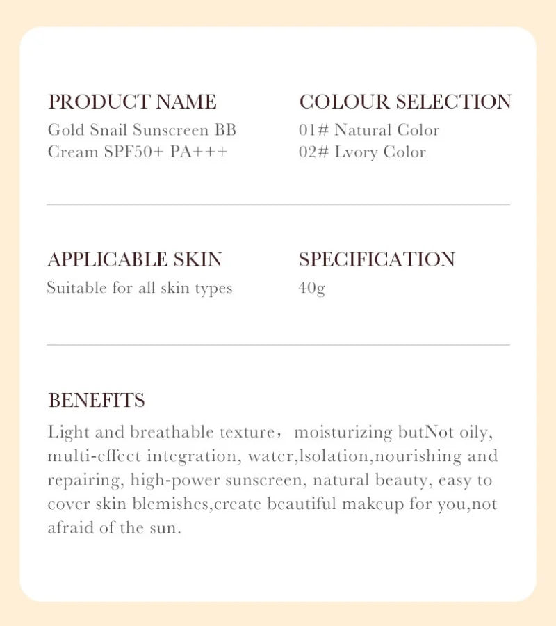 Gold Snail Sunscreen BB Cream SPF50+ PA+++ - Foundation & Moisturizer (40g)